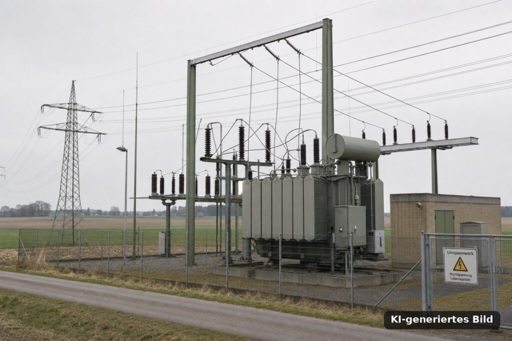 Ein Umspannwerk in ländlicher Umgebung
