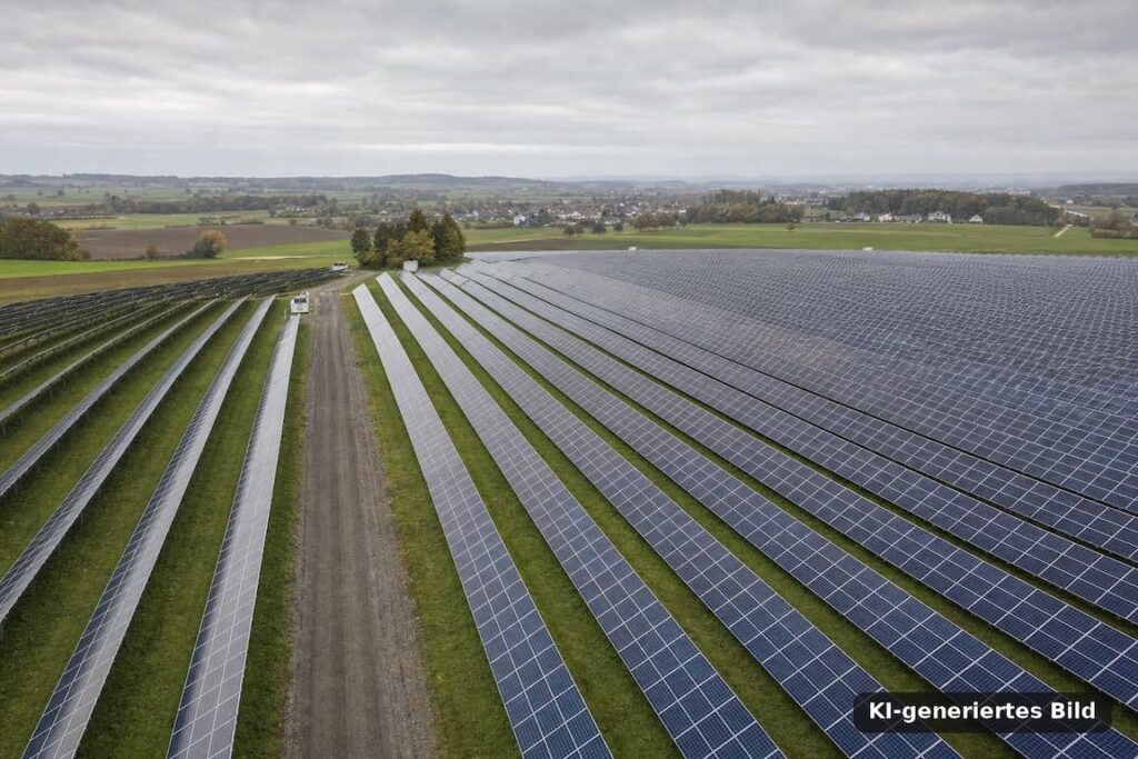 Das mittels KI generierte Bild zeigt eine Flächen-PV-Anlage